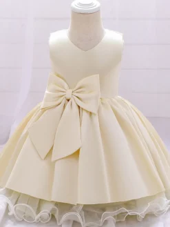 Robes de fille de fleur blanche Robes d'occasion spéciale Champagne Polyester Sans manches Jewel Neck Robes de fille de fleur