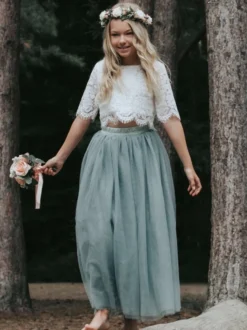 Robes de fille de fleur bleu gris Tulle demi manches bijou cou robes de fille de fleur