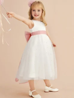 Robes de fille de fleur de mariage Robes d'occasion spéciale Ivoire Ceinture sans manches
