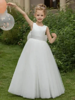 Robes de fille de fleur de mariage Robes d'occasion spéciale Arcs blancs sans manches