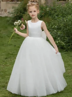 Robes de fille de fleur de mariage Robes d'occasion spéciale Arcs blancs sans manches