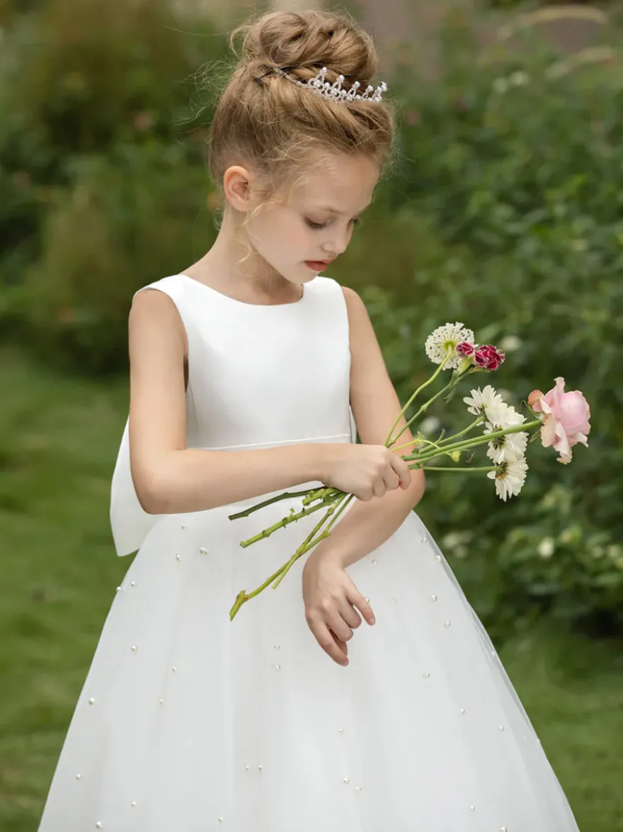 Robes de fille de fleur de mariage Robes d'occasion spéciale Arcs blancs sans manches