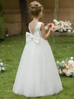 Robes de fille de fleur de mariage Robes d'occasion spéciale Arcs blancs sans manches