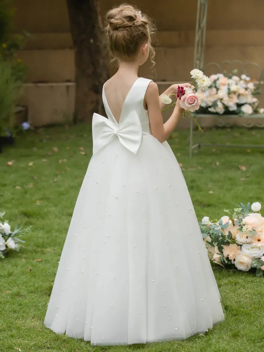 Robes de fille de fleur de mariage Robes d'occasion spéciale Arcs blancs sans manches