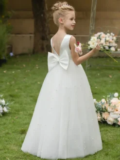 Robes de fille de fleur de mariage Robes d'occasion spéciale Arcs blancs sans manches