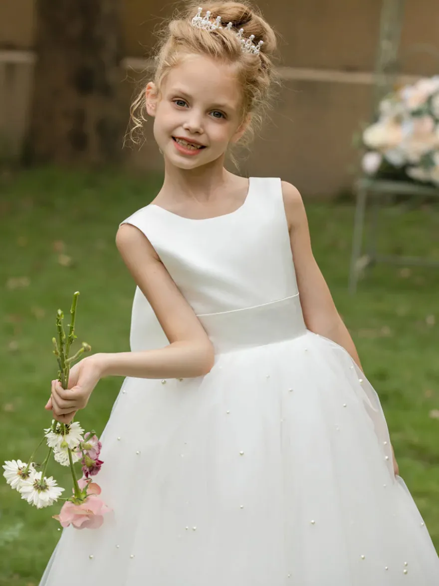 Robes de fille de fleur de mariage Robes d'occasion spéciale Arcs blancs sans manches