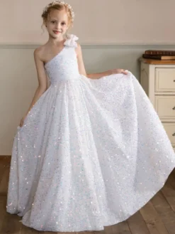 Robes de fille de fleur de mariage Robes d'occasion spéciale Paillettes blanches sans manches