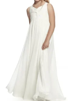 Robes de fille de fleur ivoire col en V en mousseline de soie longueur au sol