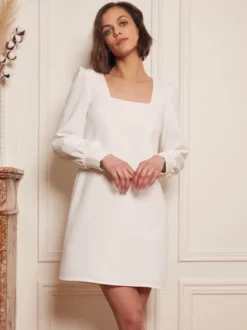 Robes de mariée blanches robe mariage civil col carré manche longue longuer au dessus de genoux