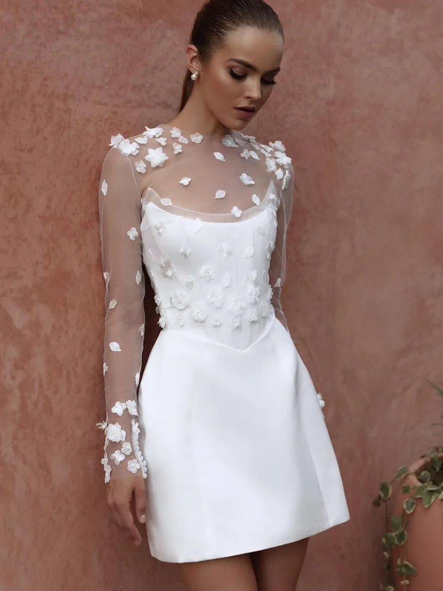 Robes de mariée courte deux pièces manches longues dentelle robe de mariée courte