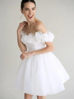 Robes de mariée courtes col bateau sans manches silhouette princesse taille naturelle robe de mariée courte en organza