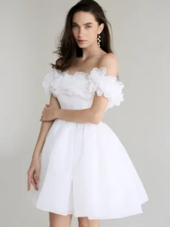 Robes de mariée courtes col bateau sans manches silhouette princesse taille naturelle robe de mariée courte en organza