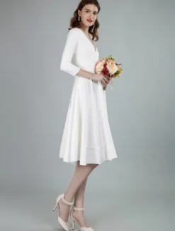 Robes de mariée courtes col en v manches 3/4 longueur longueur genou robe de mariage