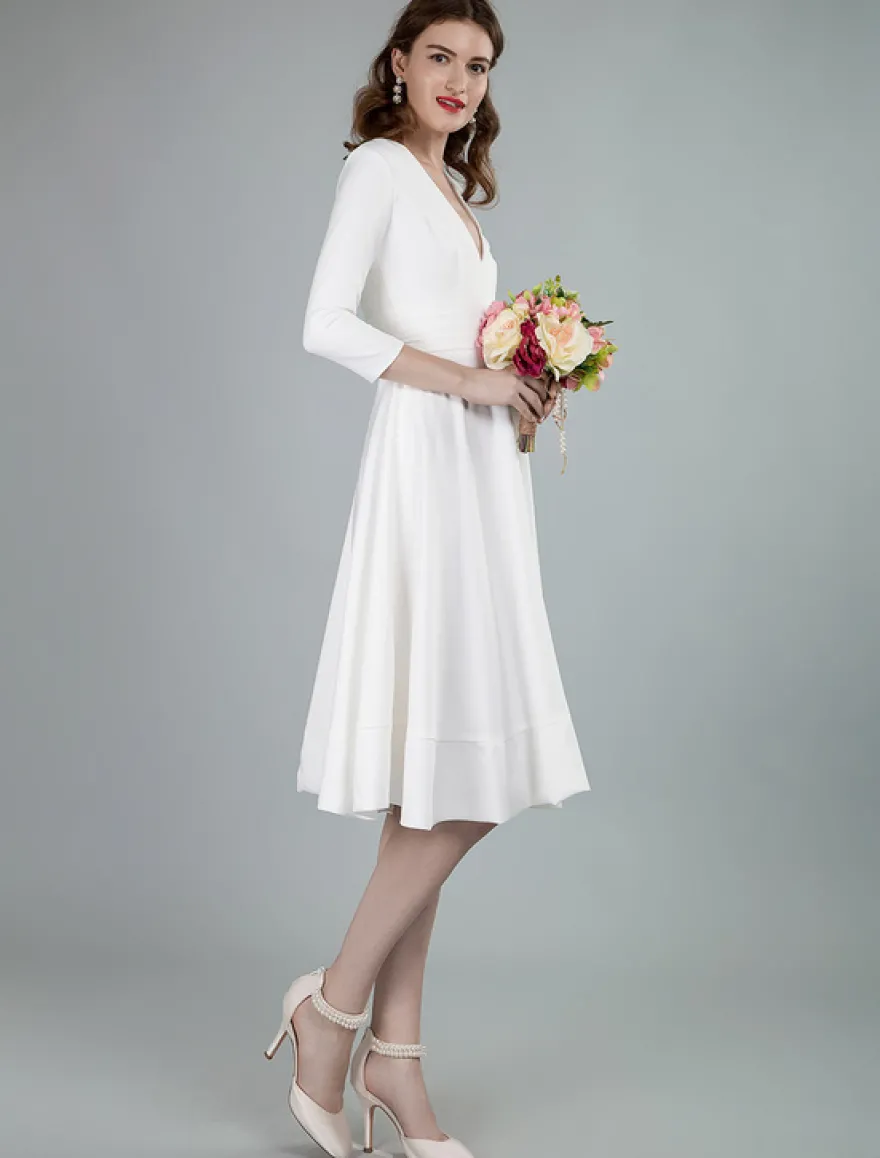 Robes de mariée courtes col en v manches 3/4 longueur longueur genou robe de mariage