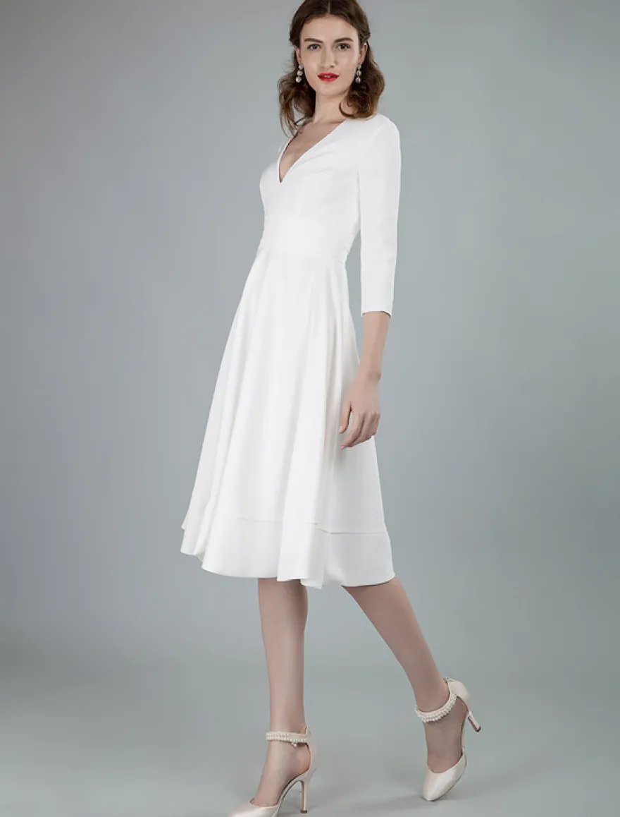 Robes de mariée courtes col en v manches 3/4 longueur longueur genou robe de mariage