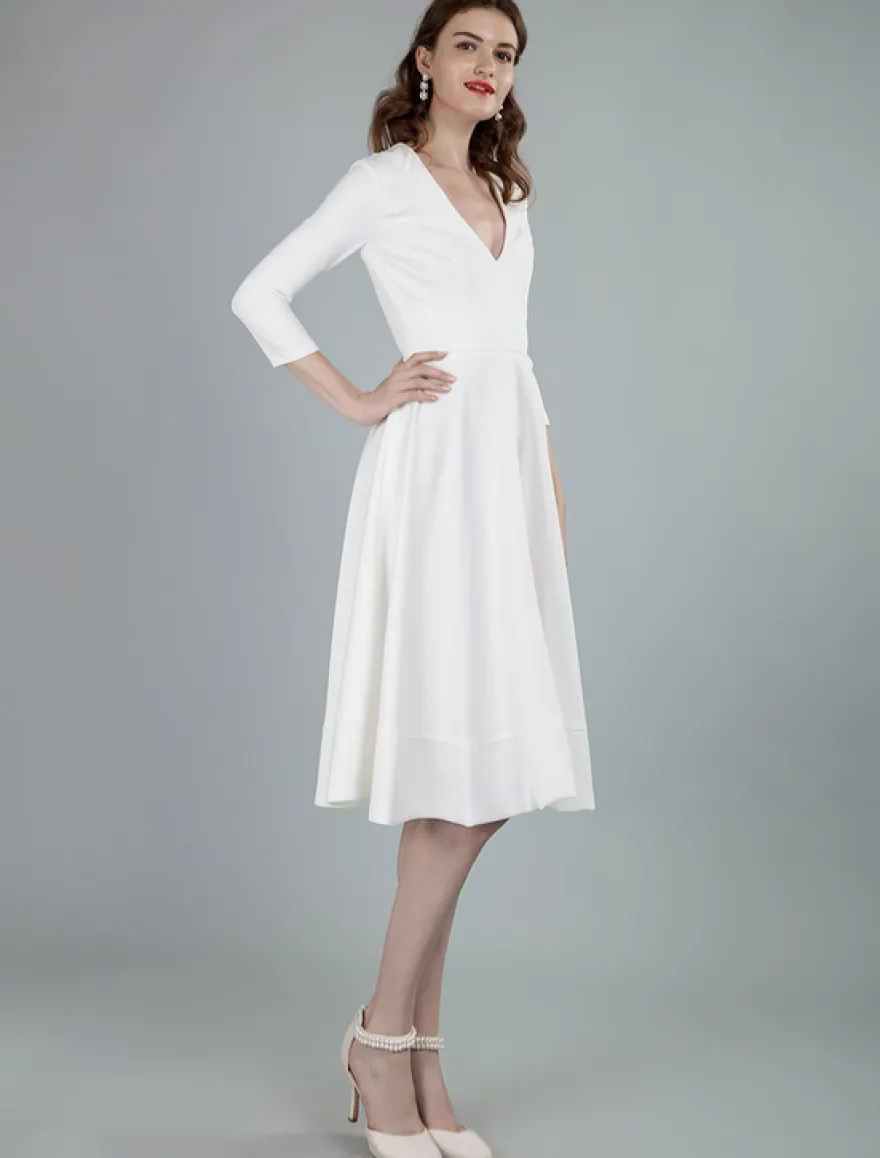 Robes de mariée courtes col en v manches 3/4 longueur longueur genou robe de mariage