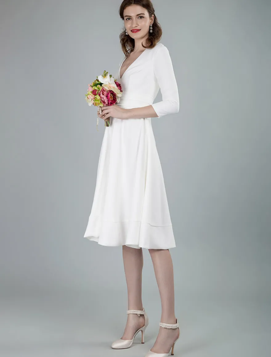 Robes de mariée courtes col en v manches 3/4 longueur longueur genou robe de mariage
