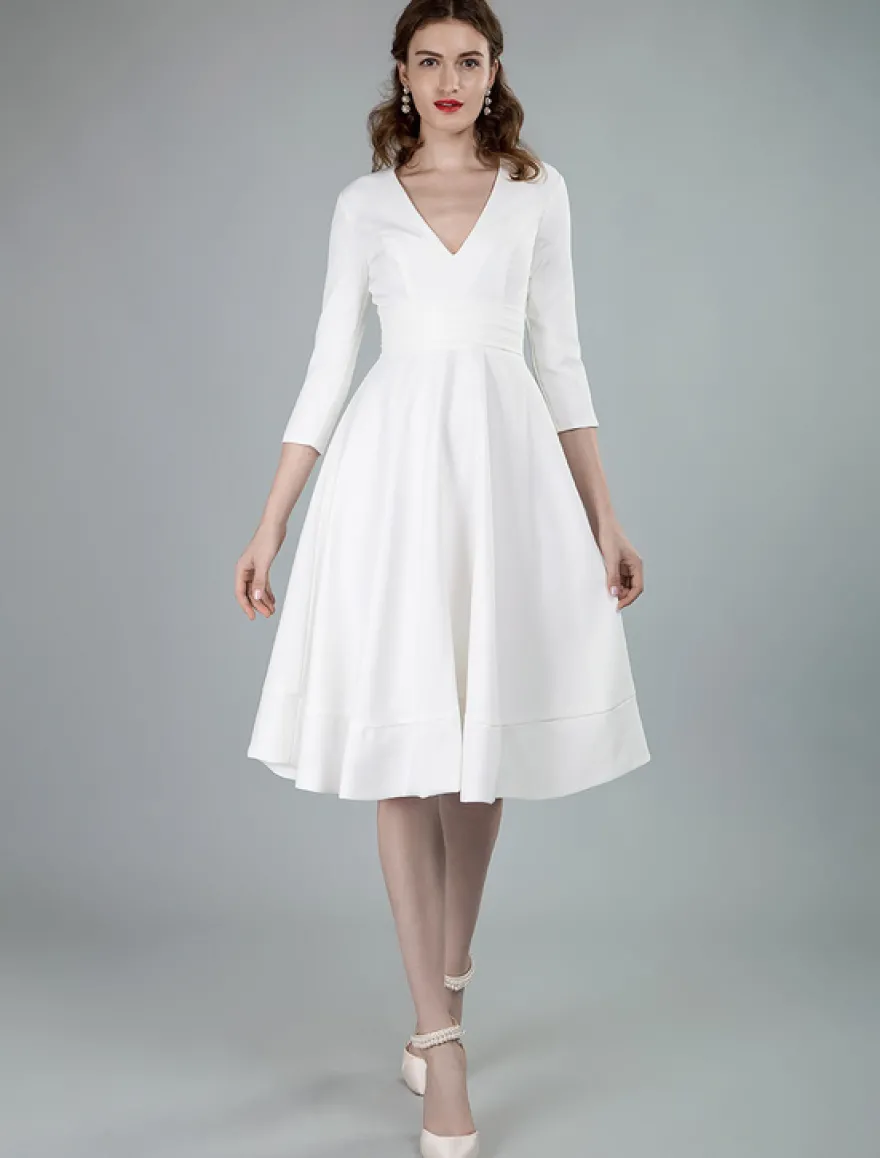 Robes de mariée courtes col en v manches 3/4 longueur longueur genou robe de mariage