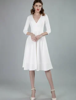 Robes de mariée courtes col en v manches 3/4 longueur longueur genou robe de mariage