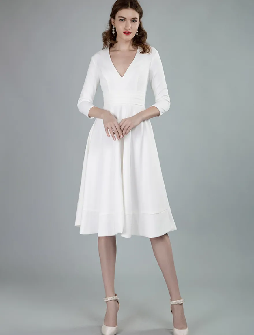 Robes de mariée courtes col en v manches 3/4 longueur longueur genou robe de mariage