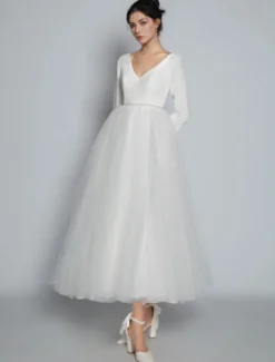 Robes de mariée courtes 2026 col en V manches longues A-ligne thé longueur robes de mariée personnalisation gratuite