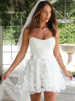Robes de mariée courtes courtes sans bretelles sans manches A-Line taille naturelle robes de mariée en dentelle