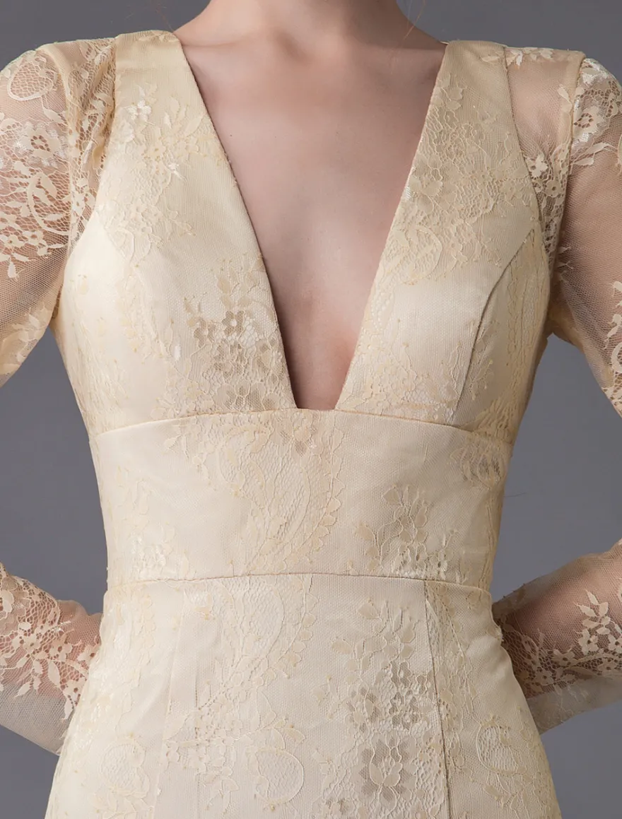 Robes de mariée dentelle robe de mariée col V manches longues dos nu sirene avec train