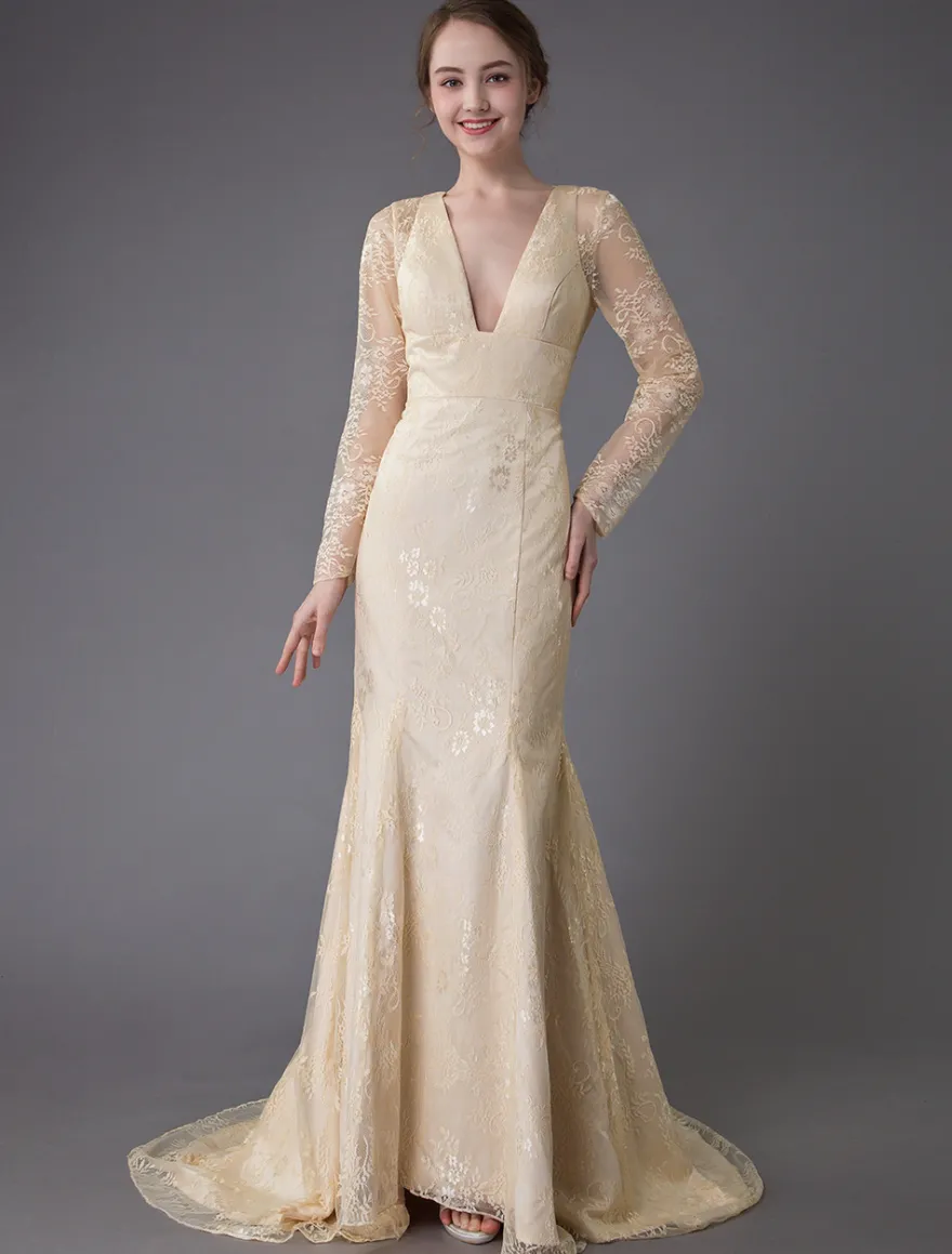 Robes de mariée dentelle robe de mariée col V manches longues dos nu sirene avec train