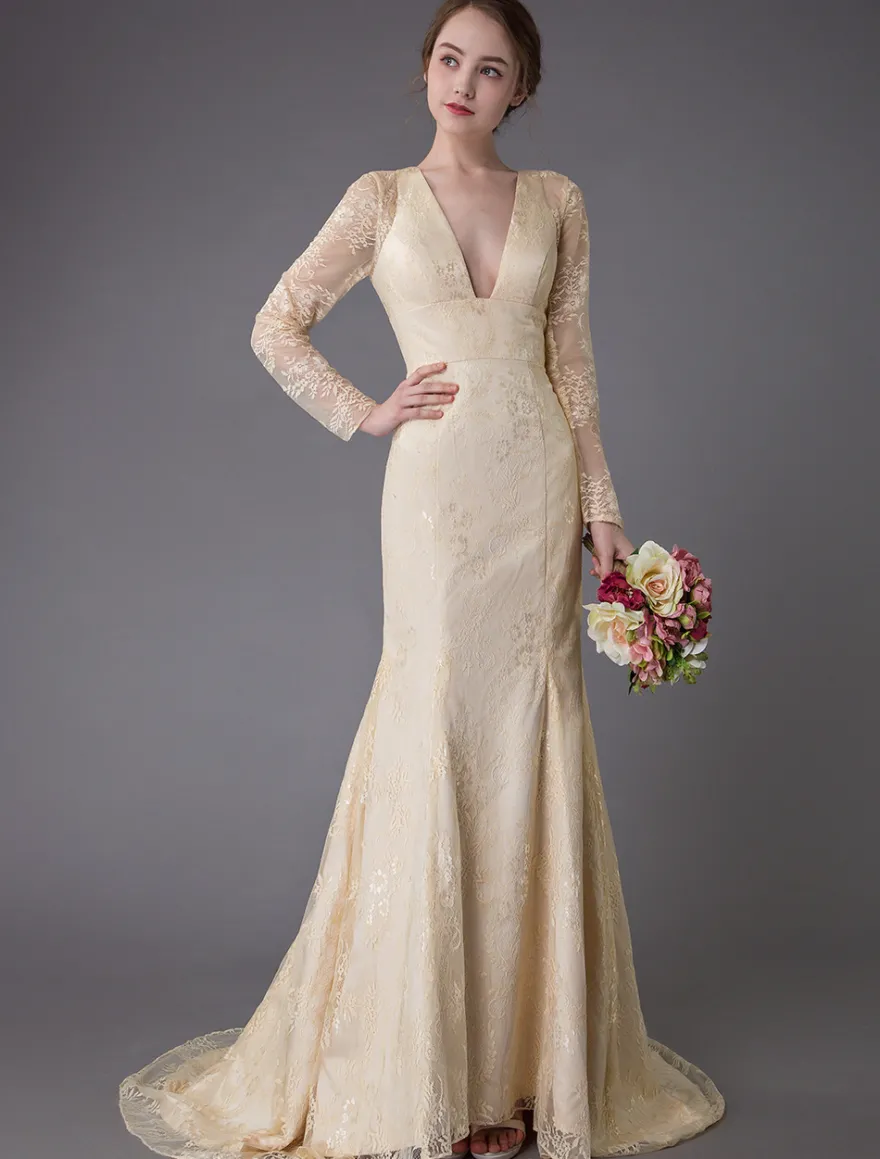 Robes de mariée dentelle robe de mariée col V manches longues dos nu sirene avec train
