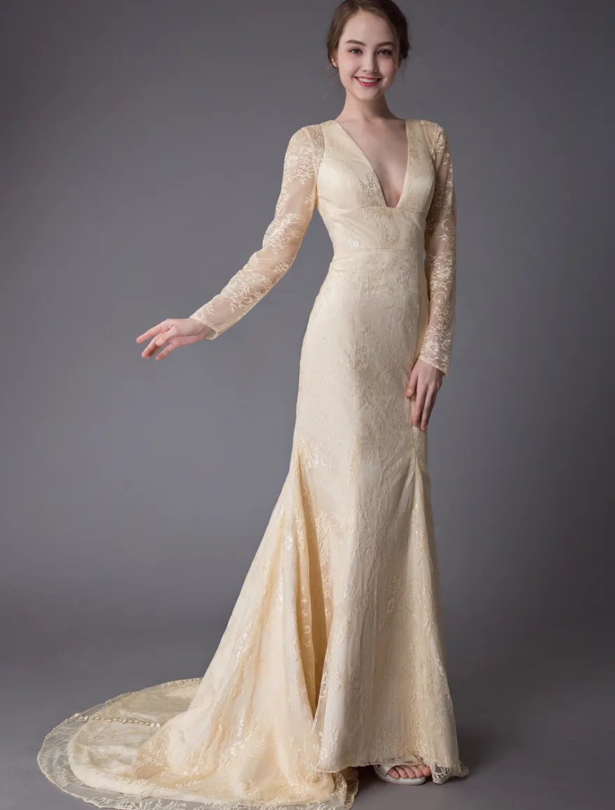Robes de mariée dentelle robe de mariée col V manches longues dos nu sirene avec train