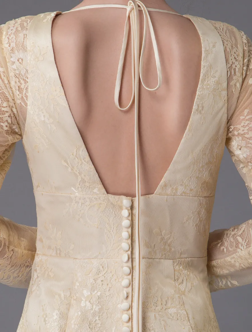 Robes de mariée dentelle robe de mariée col V manches longues dos nu sirene avec train
