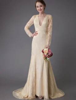 Robes de mariée dentelle robe de mariée col V manches longues dos nu sirene avec train