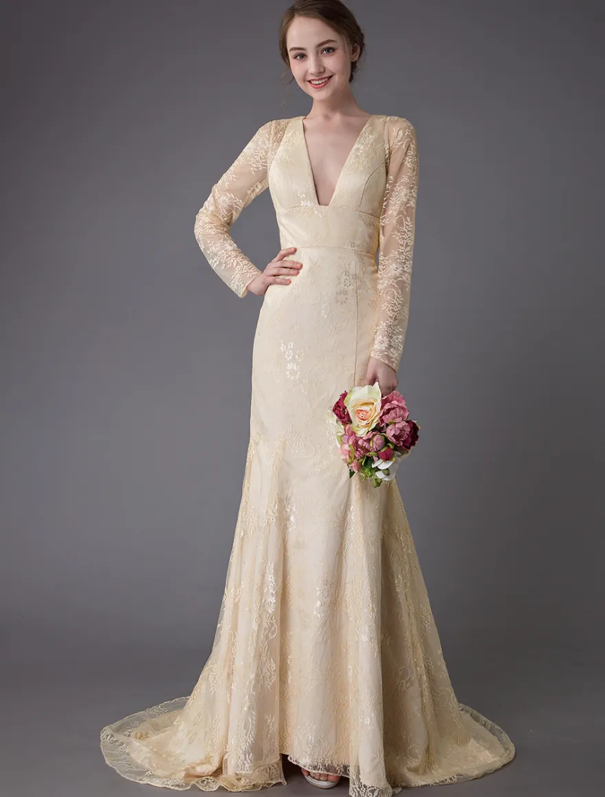 Robes de mariée dentelle robe de mariée col V manches longues dos nu sirene avec train