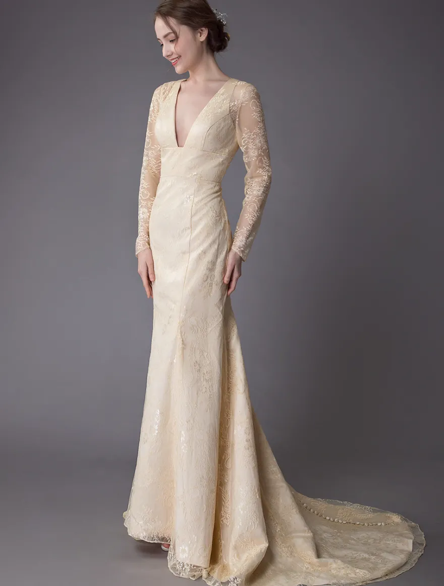 Robes de mariée dentelle robe de mariée col V manches longues dos nu sirene avec train