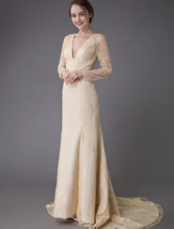 Robes de mariée dentelle robe de mariée col V manches longues dos nu sirene avec train