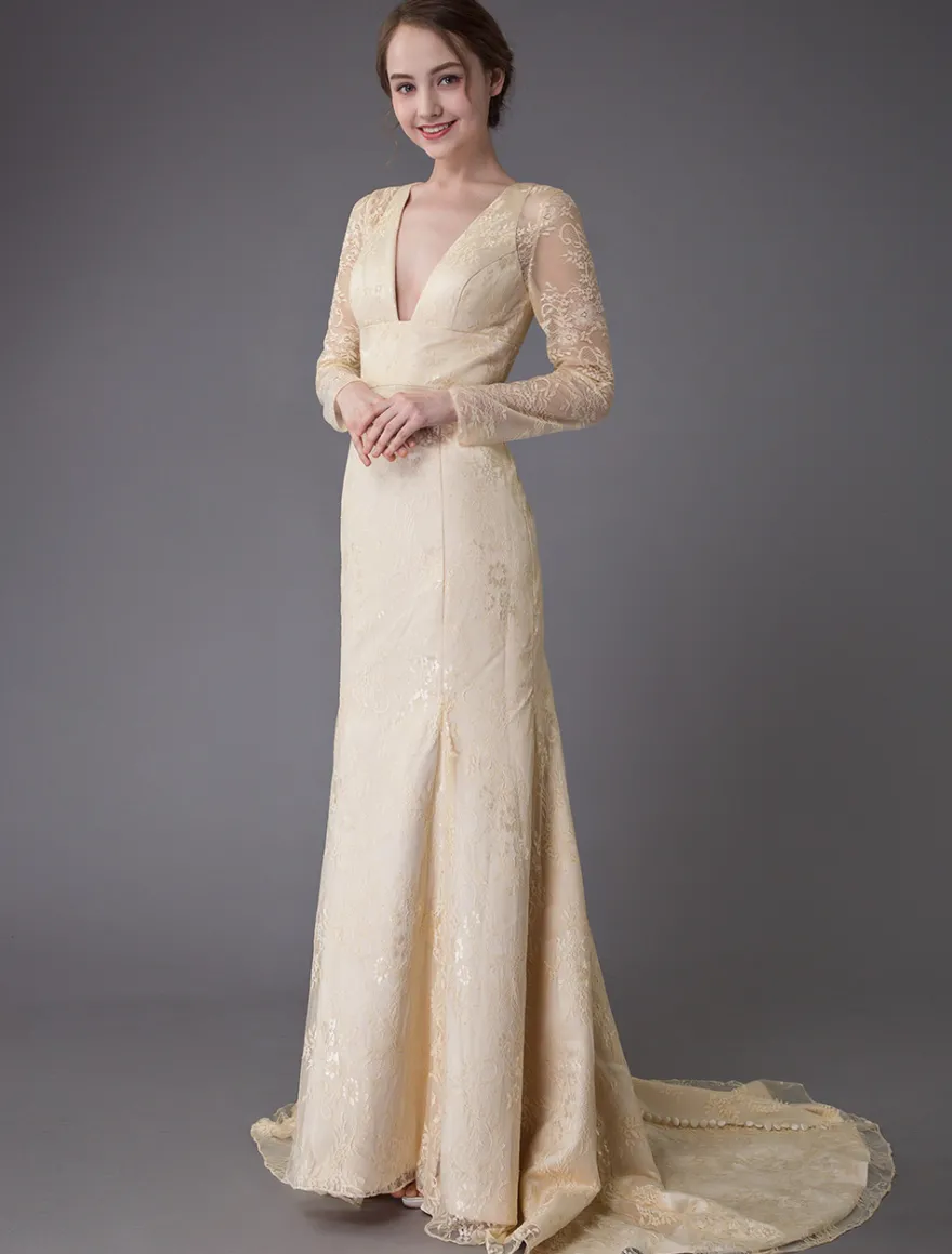 Robes de mariée dentelle robe de mariée col V manches longues dos nu sirene avec train