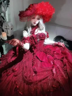 Robes de mariée gothiques Lolita à volants et nœuds robe rouge et blanche