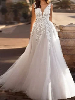 Robes de mariée rose en tulle col V dos nu décoré des fleurs à traîne