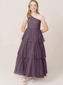 Robes de soirée de mariage Belles enfants robe de soirée sociale mariage robe de fille de fleur de mariage robes de fille de fleur sans manches à plusieurs niveaux gris clair