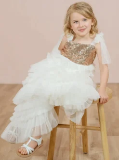 Robes de soirée de mariage Princesse Enfants Robe de soirée sociale Mariage Robe de fille de fleur de mariage Robes de fille de fleur sans manches Arcs à plusieurs niveaux Rose