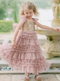 Robes de soirée de mariage Princesse Enfants Robe de soirée sociale Mariage Robe de fille de fleur de mariage Robes de fille de fleur sans manches Arcs à plusieurs niveaux Rose