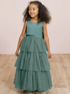 Robes de soirée de mariage robes de dîner doux de mariage robe de fille de fleur robes de fille de fleur sans manches arcs à plusieurs niveaux bleu vert
