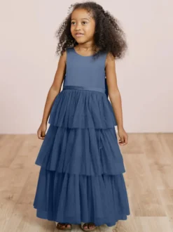 Robes de soirée de mariage robes de dîner doux de mariage robe de fille de fleur robes de fille de fleur sans manches arcs à plusieurs niveaux bleu vert