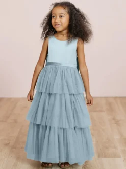 Robes de soirée de mariage robes de dîner doux de mariage robe de fille de fleur robes de fille de fleur sans manches arcs à plusieurs niveaux bleu vert