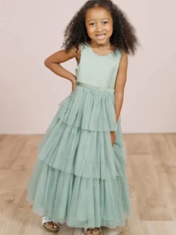 Robes de soirée de mariage robes de dîner doux de mariage robe de fille de fleur robes de fille de fleur sans manches arcs à plusieurs niveaux bleu vert