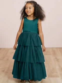 Robes de soirée de mariage robes de dîner doux de mariage robe de fille de fleur robes de fille de fleur sans manches arcs à plusieurs niveaux bleu vert