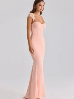 Robes de soirée longues sans manches à bretelles décolleté sexy robes roses