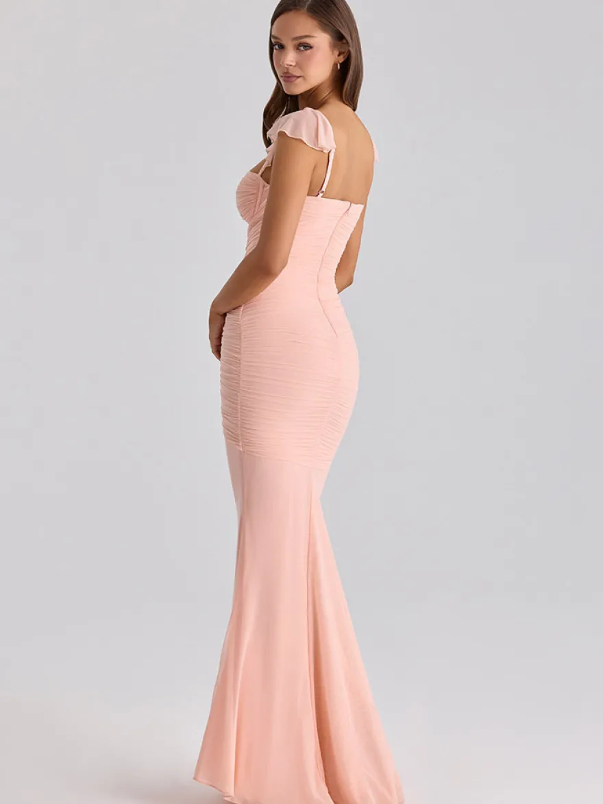 Robes de soirée longues sans manches à bretelles décolleté sexy robes roses