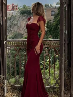 Robes de soirée longues sans manches à bretelles décolleté sexy robes roses