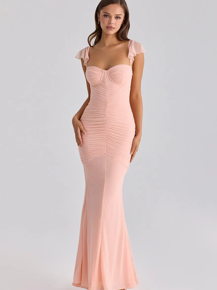 Robes de soirée longues sans manches à bretelles décolleté sexy robes roses